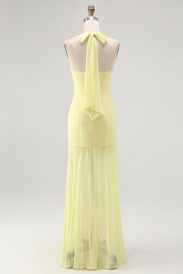 Yellow Halter Sheath Ruched Tie Back Long Bridesmaid Dress